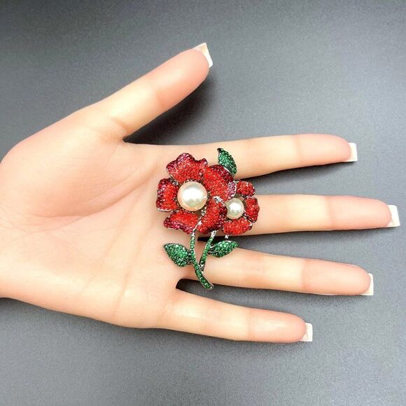 Gun Metal with Ruby Garnet Red and Emerald Crystal Pearl Flower Pin Back Brooch - Picture 8 of 8